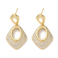 Настоящее золото 16K Серьги-гвоздики из латуни с паве из кубического циркония, ромб с полым овалом, реальный 16 k позолоченный, 31.5x17.5 мм