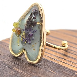 Светло-Синий 304 открытые кольца манжеты из нержавеющей стали, Сердце со цветками , cmолой, золотые, голубой, размер США 8 1/2 (18.5 мм)