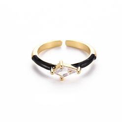 Black Brass Enamel Cuff Rings, Open Rings, Solitaire Rings, with Clear Cubic Zirconia, Nickel Free, Rhombus, Golden, Black, US Size 7(17.3mm)