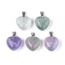 Флюорит Природного флюорита подвески, сердце прелести, с железной застежкой платинового цвета на дужках, 16~19x15~18x8~10.5 мм, отверстие : 5.5~6x2~2.5 мм