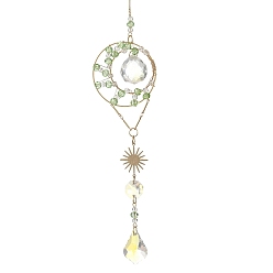 Verde Atrapasueños de cuentas de vidrio envueltas en alambre, Colgante de latón con forma de sol y hoja de cristal prisma cristal para ventana, adorno para la decoración del hogar y el jardín., verde, 265 mm