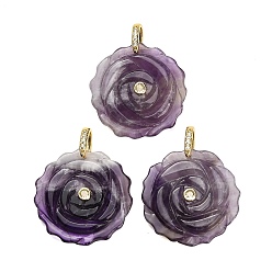 Amethyst Natural Amethyst Pendants, Flower Charms, with Brass Pave Cubic Zirconia Findings, Golden, 34.5~35x34~35x9mm, Hole: 6.5x9mm