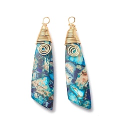 Синий Натуральный регалит / имперская яшма / морские отложения яшма большие кулоны, с медной проволокой золотого тона, обернутой, окрашенные, крыловидного, синие, 50~51x12x6~7 мм, отверстие : 3 мм