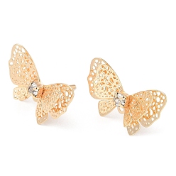 Real 18K Gold Plated Brass with Glass Stud Earring Findings, Cadmium Free & Nickel Free & Lead Free, with Horizontal Loop, Butterfly, Real 18K Gold Plated, 21.5x14mm, Hole: 1.8mm, Pin: 0.8mm