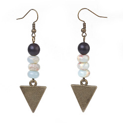 Aqua Terra Jasper Synthetic Aqua Terra Jasper and Sandalwood Beads Dangle Earrings, with Alloy Blank Tag Pendants and Brass Earring Hooks, Triangle, Antique Bronze, 69mm, Pendant: 52mm, Pin: 0.6mm