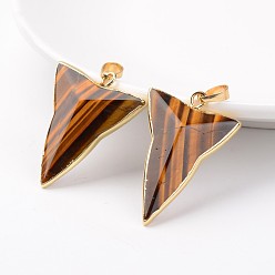Тигровый глаз Природных тигровый глаз подвески, треугольные, с латунной фурнитурой , золотые, 30~40x20~31x6~10 мм, отверстие : 5x7 мм
