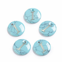 Letter I Synthetic Turquoise Charms, with Plastic Letter, Flat Round, Letter.I, 15x2mm, Hole: 1.5mm