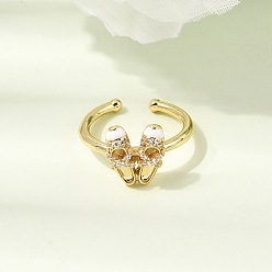 Белый Латунные микропаве кубические цирконии манжеты открытые кольца для женщин, Танцевальная обувь, с эмалью, стойки покрытие, без кадмия и без свинца, долговечный, реальный 18 k позолоченный, белые, 12x10.5 мм, внутренний диаметр: 17 мм