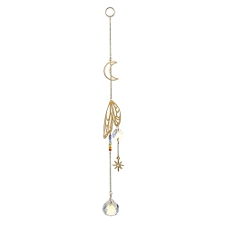 Colorful 7 Chakra Glass & Brass & 304 Stainless Steel Pendants Suncatchers, Colorful Prism Window Hanging for Home & Garden Decor, Wing & Moon & Teardrop, Colorful, 261mm