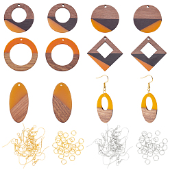 Yellow Earring Making Kits, Including Resin & Walnut Wood Pendants, Brass Earring Hooks, Brass Jump Rings, Mixed Shapes, Yellow, 2mm, Hole: 3mm, Inner Diameter: 28mm, 2pcs