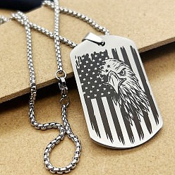 Stainless Steel Color 201 Stainless Steel Flag Eagle Rectangle Dog Tag Pendant Box Chain Necklaces for Men, Stainless Steel Color, 23.62 inch(60cm)