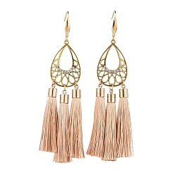 Tan Polyester Tassel Dangle Earrings, with Alloy Cubic Zirconia Pendant and 316 Surgical Stainless Steel Earring Hooks, Teardrop, Golden, Tan, 123~124mm, pin: 0.7mm