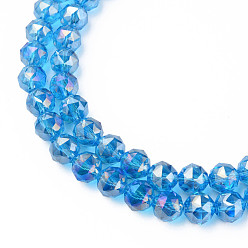 Dodger Blue Electroplate Transparent Glass Beads Strands, Half Plated, Faceted, Round, Dodger Blue, 10x8.5mm, Hole: 1.2mm, about 60pcs/strand, 20.47 inch(52cm)