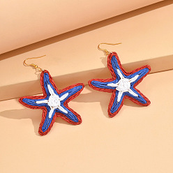 Королевский синий Серьги-подвески из рафии с морскими звездами, золотые, с результатами железной серьги, королевский синий, 76x56 мм