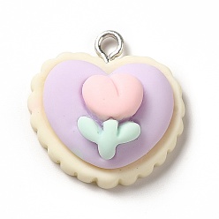 Lilac Opaque Resin Pendants, with Platinum Tone Iron Loops, Heart Charm with Flower Pattern, Lilac, 22x21x10mm, Hole: 2.2mm