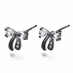 Gunmetal Brass Stud Earrings, with Clear Cubic Zirconia, Nickel Free, Bowknot, Gunmetal, 8.5x9mm, Pin: 0.7mm
