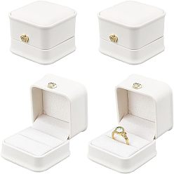 White PU Leather Ring Gift Boxes, with Golden Plated Iron Crown and Velvet Inside, for Wedding, Jewelry Storage Case, White, 5.85x5.8x4.9cm