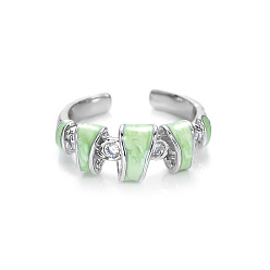 Pale Green Brass Micro Pave Cubic Zirconia Cuff Open Rings, Nuggets, Platinum, with Enamel, Pale Green, 15~20mm