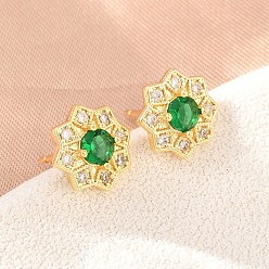 Зеленый Серьги-гвоздики из латуни с микропаве из кубического циркония для женщин, цветок, без кадмия и без свинца, долговечный, стойки покрытие, реальный 18 k позолоченный, зелёные, 9.5x10.5 мм