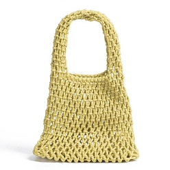Light Khaki Woven Cotton Handbags, Women's Net Bags, Shoulder Bags, Light Khaki, 30x21x8cm