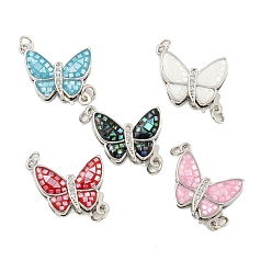 Mixed Color Rack Plating Brass & Cubic Zirconia & Shell & Enamel Box Clasps, Cadmium Free & Lead Free, Long-Lasting Plated, Butterfly, Mixed Color, 17x15.5x4mm, Hole: 2.5mm