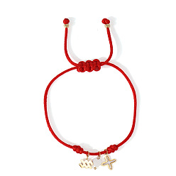 Красный 304 Браслеты из нержавеющей стали, латуни и натуральных ракушек с подвесками, плетеные браслеты из полиэфирного шнура для женщин, крест, сердце и созвездие, Водолей, красные, 11.02 дюйм (28 см)