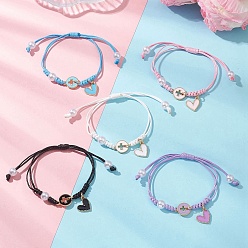 (52) Непрозрачная лаванда Сплав шарм браслеты, плетеные корейские регулируемые браслеты из вощеного полиэстера для женщин, крест и сердце, с абс пластмассовыми жемчужными бисером, разноцветные, внутренний диаметр: 1.97~2.76 дюйм (5~7 см)