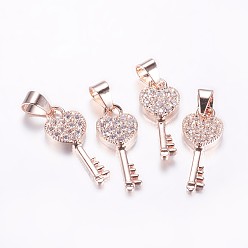 Розовый Позолоченный Долговечные латунные микропроволочные кубические циркониевые подвески, Сердце ключевых, Настоящее розовое золото покрыто, 18x7x2.5 мм, отверстие : 3.5 мм