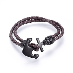 Coconut Brown Braided Leather Cord Multi-strand Bracelets, with Waxed Cord and Alloy Clasps, Anchor with Skull, Coconut Brown, 8-5/8 inch(22cm)