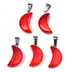 Red Transparent Spray Painted Glass Pendants, with Platinum Plated Brass Bails, Moon Charms, Red, 21.5x10.5x6mm, Hole: 4mm