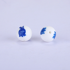 White Printed Round with Animal Pattern Silicone Focal Beads, White, 15x15mm, Hole: 2mm
