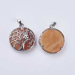 Red Aventurine Natural Red Aventurine Pendants, with Brass Findings, Flat Round with Tree of Life, Platinum, 31~32x27x8~9mm, Hole: 5x7mm