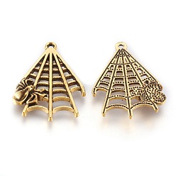 Античное Золото Хэллоуин ювелирный сплав подвески, паук в паутине, без кадмия и без свинца, античное золото , 32x23x3.5 мм, отверстие : 1.5 мм