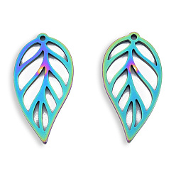 Rainbow Color Ионное покрытие (ip) 201 подвески из нержавеющей стали, полый, лист, Радуга цветов, 30.5x15.5x1.5 мм, отверстие : 1.4 мм
