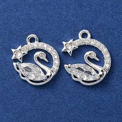 Посеребрённый Латунь с кубическим цирконием подвеской, лебедь прелести, прозрачные, 925 серебро покрытием, 15x13x4 мм, отверстие : 1.5 мм
