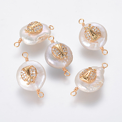 Прозрачный Соединители звеньев натурального жемчуга, с латунными микро проложить кубических выводы циркония, плоский круг с божьей коровкой, золотые, прозрачные, 19~22x11~14x6~8 мм, отверстие : 1.6 мм