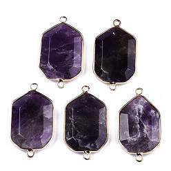 Amethyst Natural Amethyst Links Connectors, with Light Gold Tone Brass Findings, Faceted Polygon, 40.5x23x6mm, Hole: 2mm
