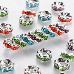Mixed Color Brass Rhinestone Spacer Beads, Grade A, Mixed Color, Silver Color Plated, Nickel Free, Size: about 6mm in diameter, 3mm thick, hole: 1mm