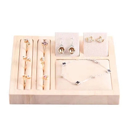 Бежевый Твердая древесина с показом ювелирных украшений в виде колец, лоток для сережек, бежевые, 35x25x1.5 см