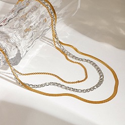 Золотой & Цвет Нержавеющей Стали 304 плоская змейка из нержавеющей стали, цепочка Фигаро, витая цепочка 3 многослойные ожерелья для женщин, золотые и нержавеющая сталь цвет, 15.16 дюйм (38.5 см)