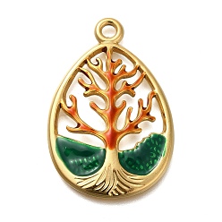 Темно-Оранжевый Ионное покрытие (ip) 304 подвески из нержавеющей стали с эмалью, реальный 18 k позолоченный, капля с амулетом «Древо жизни», темно-оранжевый, 36x24x3 мм, отверстие : 2.4 мм