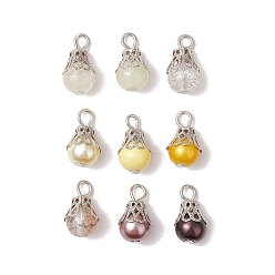 Champagne Gold Стеклянные подвески, круглые, с железными колпачками для бусин и петлей из плоских головок, шампанское золото, 16x8.5 мм, отверстие : 2.5 мм