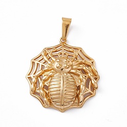 Golden PVD Vacuum Plating 304 Stainless Steel Pendants, Spider Web with Spider Charms, Golden, 45x42x10mm, Hole: 5.5x11.5mm
