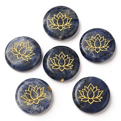 Содалитовое Натуральный содалита кабошоны, плоский круг с выгравированным золотым цветком лотоса, 25~26x6~7 мм