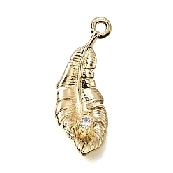 Real 14K Gold Plated Brass Micro Pave Clear Cubic Zirconia Charms, Feather Charms, Long-Lasting Plated, Real 14K Gold Plated, 21x8x2.5mm, Hole: 1.4mm
