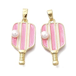 Pink Латунь эмаль подвески, ракетка, с abs имитационными жемчужными бусинами , реальный 18 k позолоченный, розовые, 24.5x12x5.5 мм, отверстие : 4.5x2.5 мм
