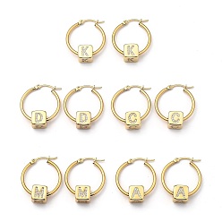 Letter 304 Stainless Steel Hoop Earrings, with Brass Micro Pave Cubic Zirconia Beads, Cube with Letter, Golden, Mixed, 29.5x24.5mm, Pin: 0.7x1mm