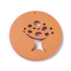 Orange Wood Big Pendants, Flat Round with Tree, Dyed, Orange, 49.5~50.5x4.5~5mm, Hole: 1.5mm
