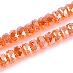 Коралловый Гальванизируйте прозрачное стекло бисер нитей, рондель, граненые, с покрытием AB цвета, коралл, 5.5~6.5x3.5~4.5 мм, отверстие : 1~1.4 мм, около 91~100 шт / нитка, 14.17~17.32 дюйм (36~44 см)