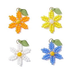 (52) Непрозрачная лаванда 4шт 4цвета стеклянные бусины цветы подвески, с акриловой бусиной в форме листа и 304 соединительными кольцами из нержавеющей стали, разноцветные, 21.5x17.5x5 мм, отверстие : 3 мм